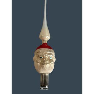 Vintage Glass Santa Head Tree Topper Silver Finial Red White Blue Eyes 9.5"